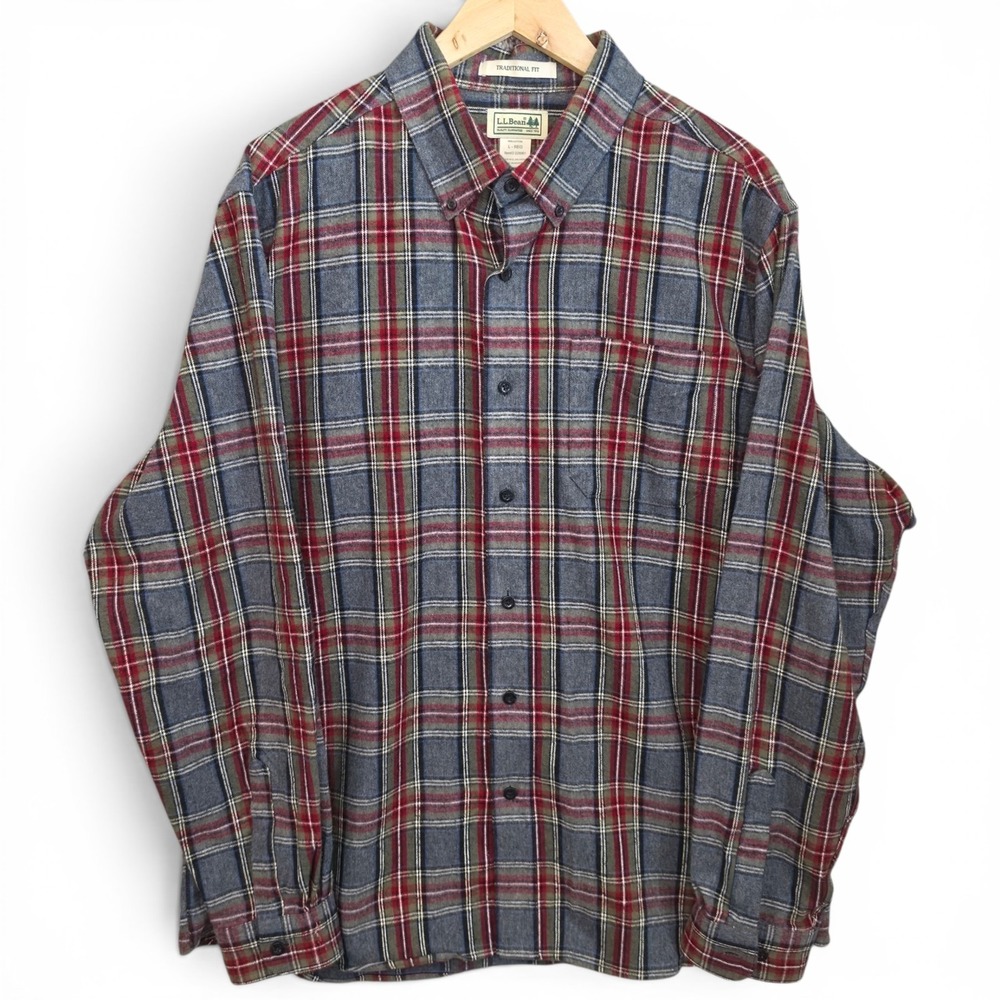 L.L. Bean Flannel Shirt Mens Large Gray Burgundy Plaid Button Traditional Fit
